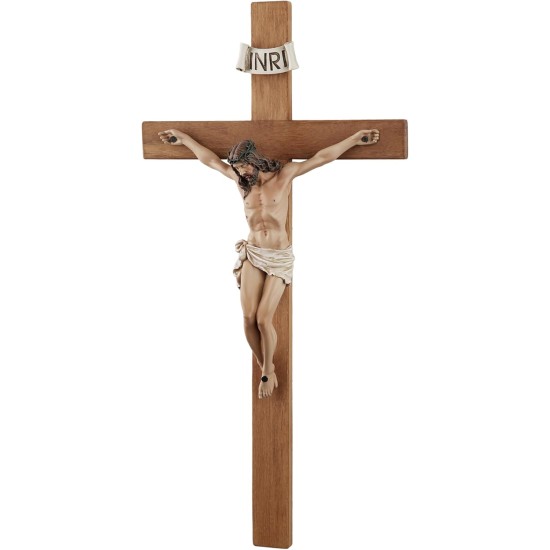 Kruzifix-Wandkreuz – 35,6 cm großes Wandkruzifix aus Olivenholz, handbemaltes Harz-Jesus auf Holzkruzifix, katholische Heimdekoration, Einweihungsfeier, religiöse Geschenke