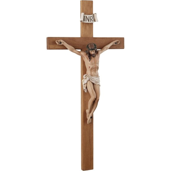 Kruzifix-Wandkreuz – 35,6 cm großes Wandkruzifix aus Olivenholz, handbemaltes Harz-Jesus auf Holzkruzifix, katholische Heimdekoration, Einweihungsfeier, religiöse Geschenke