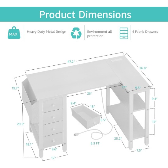 Lufeiya Weißer L-förmiger Computertisch mit Schubladen und Ablagefächern, 47-Zoll-Eck-Wendeschreibtisch mit Steckdose für Heimbüro-Schlafzimmer, L-förmiger PC-Schreibtisch für Teenager mit Stoffschublade, Weiß Lufeiya Weißer L-förmiger Computertisch mit Schubladen und Ablagefächern, 47-Zoll-Eck-Wendeschreibtisch mit Steckdose für Heimbüro-Schlafzimmer, L-förmiger PC-Schreibtisch für Teenager mit Stoffschublade, Weiß