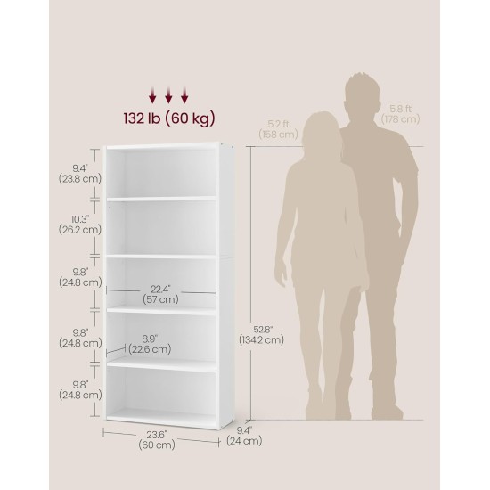 VASAGLE CUSTOS Collection – Bücherregal, 5-stöckiges Bücherregal, Bücherregal, offenes Aufbewahrungsregal, 23,9 x 59,9 x 132,8 Zoll, für Wohnzimmer, Heimbüro, Esszimmer, Wolkenweiß ULBC165T14