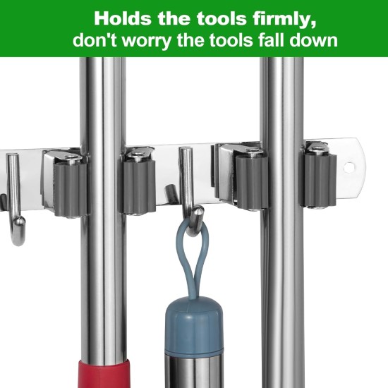 voze 5 Regale und 4 Haken, Mopp- und Besenhalter, Wandhalterung, selbstklebend, robust, Besenaufhänger, Organizer, Aufbewahrung, Werkzeugregale für Küche, Garten, Wäscherei, Garage
