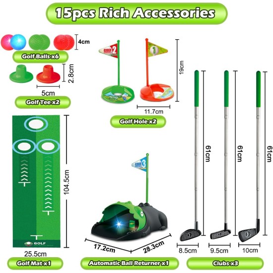 Verbessertes Kinderspielzeug-Golfset mit automatischem Dinosaurier-Golf-Return, LED-beleuchteten Nacht-Golfbällen, 3 Schlägern, Putting-Matte, Minigolf-Spielen für Kleinkinder von 3–8 Jahren, Indoor-Outdoor-Sportspielzeug für Jungen und Mädchen ab 3 Jahre Verbessertes Kinderspielzeug-Golfset mit automatischem Dinosaurier-Golf-Return, LED-beleuchteten Nacht-Golfbällen, 3 Schlägern, Putting-Matte, Minigolf-Spielen für Kleinkinder von 3–8 Jahren, Indoor-Outdoor-Sportspielzeug für Jungen und Mädchen ab 3 Jahre