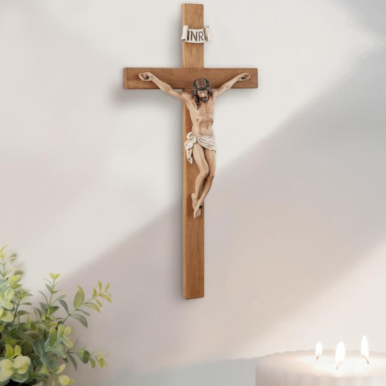 Kruzifix-Wandkreuz – 35,6 cm großes Wandkruzifix aus Olivenholz, handbemaltes Harz-Jesus auf Holzkruzifix, katholische Heimdekoration, Einweihungsfeier, religiöse Geschenke