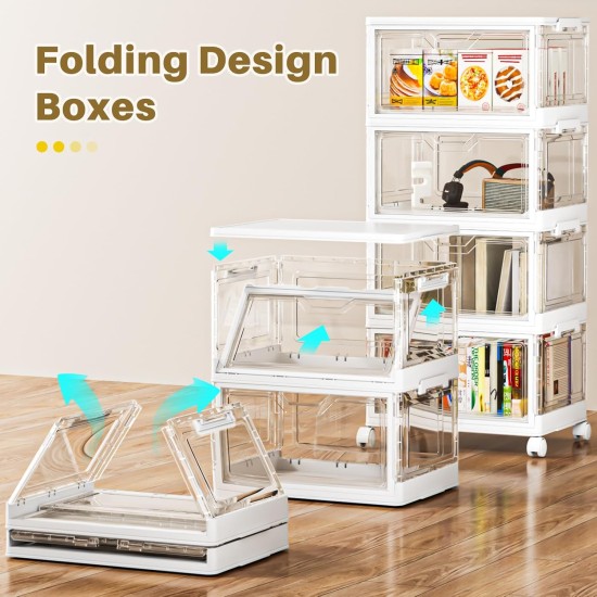 SNSLXH Tragbare durchsichtige Aufbewahrungskörbe mit Deckel und Rädern, 24QT durchsichtige Aufbewahrungskörbe mit Deckel, 4-stufige Kunststoffbehälter mit Rädern, stapelbar, magnetische Türen, für Schlafzimmer, Wohnzimmer, Büro