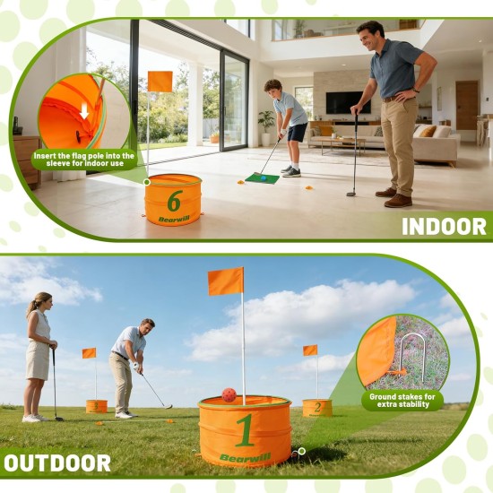 Bearwill Golf-Eimerspiel für Familie, Erwachsene und Kinder, tragbarer 6-Loch-Golfplatz mit Bällen und Flagge, Outdoor-/Indoor-Golfplatzspiel für Park, Strand, Rasen, Camping