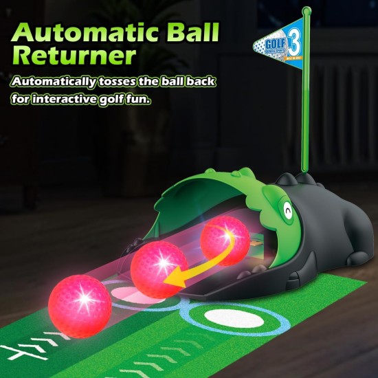 Verbessertes Kinderspielzeug-Golfset mit automatischem Dinosaurier-Golf-Return, LED-beleuchteten Nacht-Golfbällen, 3 Schlägern, Putting-Matte, Minigolf-Spielen für Kleinkinder von 3–8 Jahren, Indoor-Outdoor-Sportspielzeug für Jungen und Mädchen ab 3 Jahre Verbessertes Kinderspielzeug-Golfset mit automatischem Dinosaurier-Golf-Return, LED-beleuchteten Nacht-Golfbällen, 3 Schlägern, Putting-Matte, Minigolf-Spielen für Kleinkinder von 3–8 Jahren, Indoor-Outdoor-Sportspielzeug für Jungen und Mädchen ab 3 Jahre