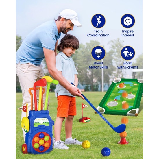 KINGTOP Kleinkind-Golfset mit Putting-Matte und Cornhole-Board, Kinder-Golfschläger von 3–5 Jahren mit 10 Bällen, 4 Schlägern, 2 Löchern und Wagen, Sportspielzeug für Kleinkinder im Innen- und Außenbereich
