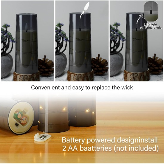 Flammenlose LED-Kerzen mit Timer, 5 Stück, flackernde flammenlose Kerzen für romantisches Ambiente und Heimdekoration, stabile Acrylschale, mit eingebetteter Sternschnur, batteriebetriebene Kerzen (grau)