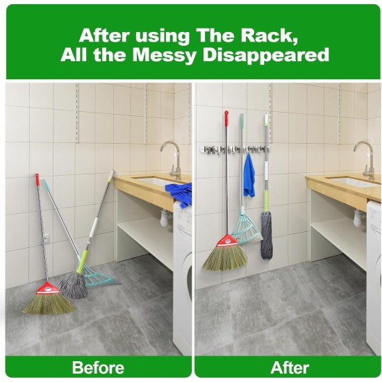 voze 5 Regale und 4 Haken, Mopp- und Besenhalter, Wandhalterung, selbstklebend, robust, Besenaufhänger, Organizer, Aufbewahrung, Werkzeugregale für Küche, Garten, Wäscherei, Garage