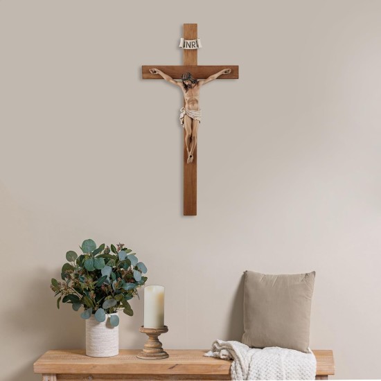 Kruzifix-Wandkreuz – 35,6 cm großes Wandkruzifix aus Olivenholz, handbemaltes Harz-Jesus auf Holzkruzifix, katholische Heimdekoration, Einweihungsfeier, religiöse Geschenke