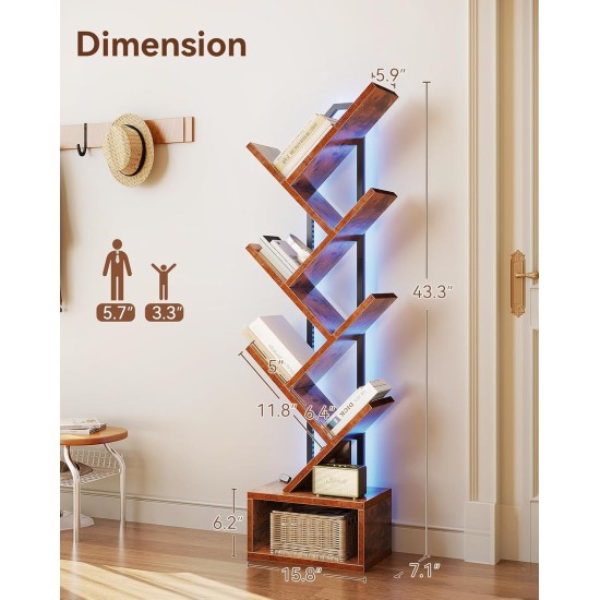 Casaottima Baum-Bücherregal mit LED-Lichtern, schmales Bücherregal mit 6 Ebenen für kleine Räume, hohes Aufbewahrungsregal aus Stahl und Holz mit Schrank, Heimdekoration und Organizer für Wohnzimmer/Schlafzimmer/Heimbüro, Vintage Casaottima Baum-Bücherregal mit LED-Lichtern, schmales Bücherregal mit 6 Ebenen für kleine Räume, hohes Aufbewahrungsregal aus Stahl und Holz mit Schrank, Heimdekoration und Organizer für Wohnzimmer/Schlafzimmer/Heimbüro, Vintage