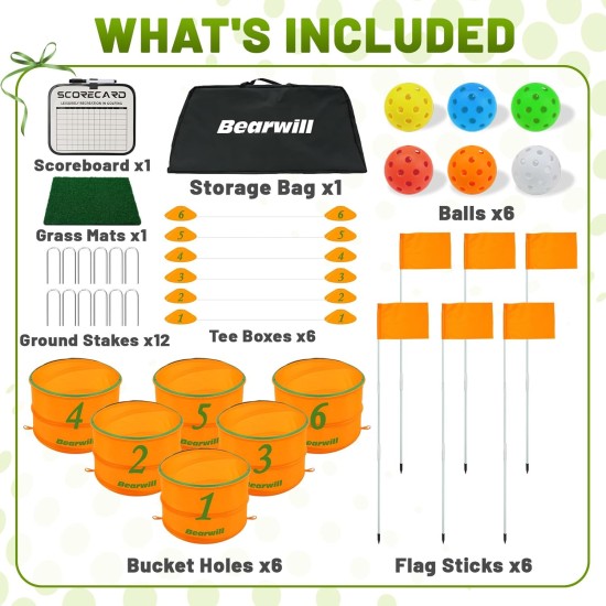 Bearwill Golf-Eimerspiel für Familie, Erwachsene und Kinder, tragbarer 6-Loch-Golfplatz mit Bällen und Flagge, Outdoor-/Indoor-Golfplatzspiel für Park, Strand, Rasen, Camping
