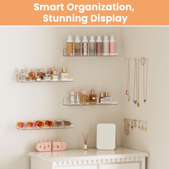 upsimples Acryl-Regale für Badezimmer-Aufbewahrung, 38,1 cm große schwebende Regale, Wand-Organizer für Parfüm, Make-up, Hautpflege, Kinder-Bücherregal für Schlafzimmer, Kinderzimmer, Wohnzimmer-Dekoration, transparent, 4 Stück