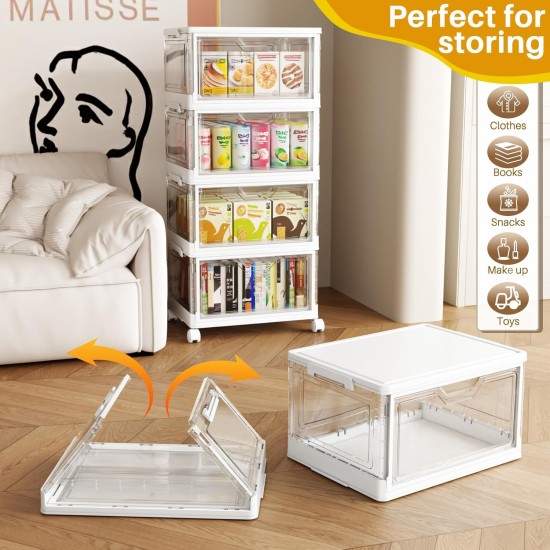 SNSLXH Tragbare durchsichtige Aufbewahrungskörbe mit Deckel und Rädern, 24QT durchsichtige Aufbewahrungskörbe mit Deckel, 4-stufige Kunststoffbehälter mit Rädern, stapelbar, magnetische Türen, für Schlafzimmer, Wohnzimmer, Büro