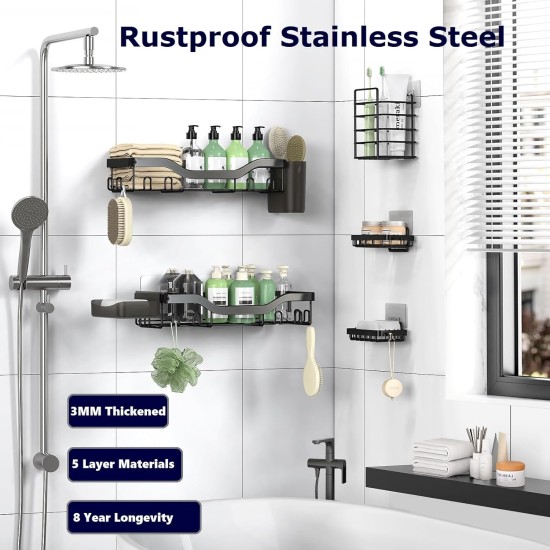 Dusch-Caddy, selbstklebender Dusch-Organizer, 7er-Pack, rostfreie Edelstahl-Badezimmerregale, großes Fassungsvermögen, ohne Bohren, Aufbewahrungszubehör mit Seifenschale, Zahnbürstenhalter und 24 Haken, Heimdekoration Dusch-Caddy, selbstklebender Dusch-Organizer, 7er-Pack, rostfreie Edelstahl-Badezimmerregale, großes Fassungsvermögen, ohne Bohren, Aufbewahrungszubehör mit Seifenschale, Zahnbürstenhalter und 24 Haken, Heimdekoration