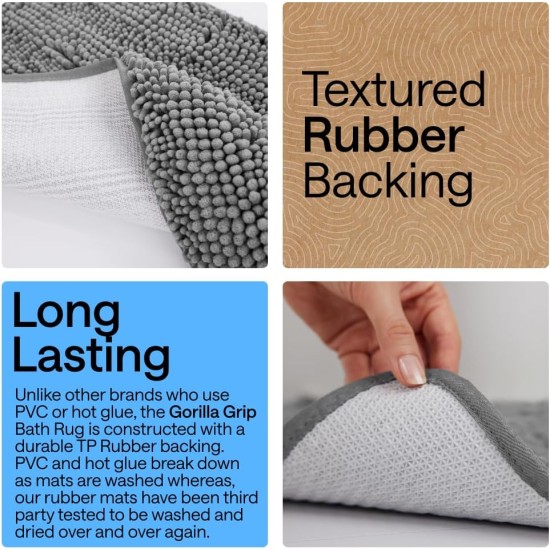 GORILLA GRIP Badvorleger, dickes, weiches, saugfähiges Chenille, schnell trocknende Mikrofasermatten, waschbare Duschbodenteppiche mit Gummirückseite, in den USA entworfene Badezimmer-Badematte, Heimdekorationszubehör, 24 x 17, Grau