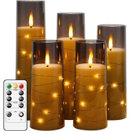 Flammenlose LED-Kerzen mit Timer, 5 Stück, flackernde flammenlose Kerzen für romantisches Ambiente und Heimdekoration, stabile Acrylschale, mit eingebetteter Sternschnur, batteriebetriebene Kerzen (grau)