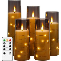 Flammenlose LED-Kerzen mit Timer, 5 Stück, flackernde flammenlose Kerzen für romantisches Ambiente und Heimdekoration, stabile Acrylschale, mit eingebetteter Sternschnur, batteriebetriebene Kerzen (grau)