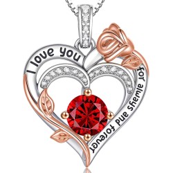 Rosen-Geburtsstein-Herz-Halsketten für Frauen, S925-Sterlingsilber, „I Love You“, Schmuck, Geschenk für Frauen, Geburtstag, Hochzeitstag, Muttertagsgeschenke für Mutter, Mutter, Ehefrau, Freundin mit Geburtsstein-Anhänger-Halskette