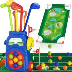 KINGTOP Kleinkind-Golfset mit Putting-Matte und Cornhole-Board, Kinder-Golfschläger von 3–5 Jahren mit 10 Bällen, 4 Schlägern, 2 Löchern und Wagen, Sportspielzeug für Kleinkinder im Innen- und Außenbereich