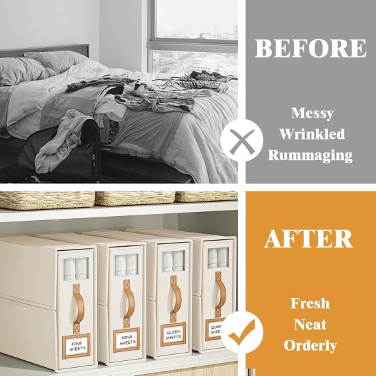 4er-Pack faltbare Bettwäsche-Sets, Organizer und Aufbewahrung (King- und Queen-Size-Größe), Schrank-Organizer aus Leinenstoff mit Fenster, faltbare Bettwäsche-Aufbewahrungsbox für Bettwäsche und Kissenwürfel-Organizer, Beige