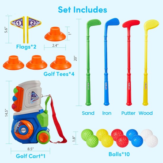 PJG Golf-Set für Kleinkinder, Kunststoff-Golfschläger für Kinder im Alter von 1 2 3 4 5 Jahren mit 4 Golfschlägern und 10 Bällen, Golfspielzeug für Kleinkinder im Innen- und Außenbereich mit Wagen für Jungen und Mädchen zum Geburtstag (blau)