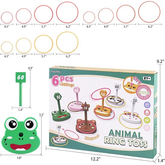 Tierisches Ringwurfspiel-Spielzeugset für Kinder, 6 Zielscheibenständer und 36 Ringe kombiniert, Indoor-Outdoor-Partyhof, Familienaktivität für Erwachsene, Feiertagsgeschenk, Geburtstagsgeschenk für Kleinkinder, Jungen, Mädchen, Kinder ab 3 Jahren
