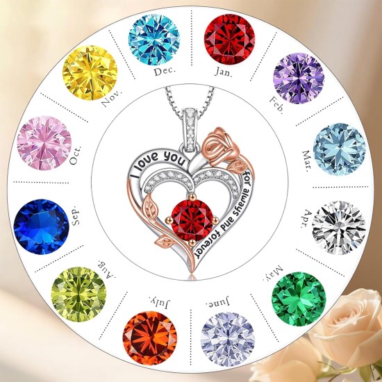 Rosen-Geburtsstein-Herz-Halsketten für Frauen, S925-Sterlingsilber, „I Love You“, Schmuck, Geschenk für Frauen, Geburtstag, Hochzeitstag, Muttertagsgeschenke für Mutter, Mutter, Ehefrau, Freundin mit Geburtsstein-Anhänger-Halskette