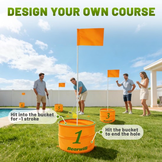Bearwill Golf-Eimerspiel für Familie, Erwachsene und Kinder, tragbarer 6-Loch-Golfplatz mit Bällen und Flagge, Outdoor-/Indoor-Golfplatzspiel für Park, Strand, Rasen, Camping