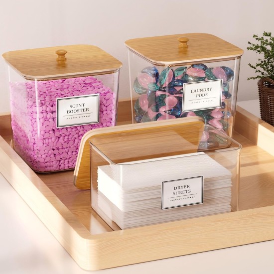 Aufbewahrungsbehälter für Wäschekapseln, übersichtliche Organisation und Lagerung im Waschraum, Behälter für Waschmittelpulver, mit Holzdeckeln und Etiketten, 3 + 1 Packung