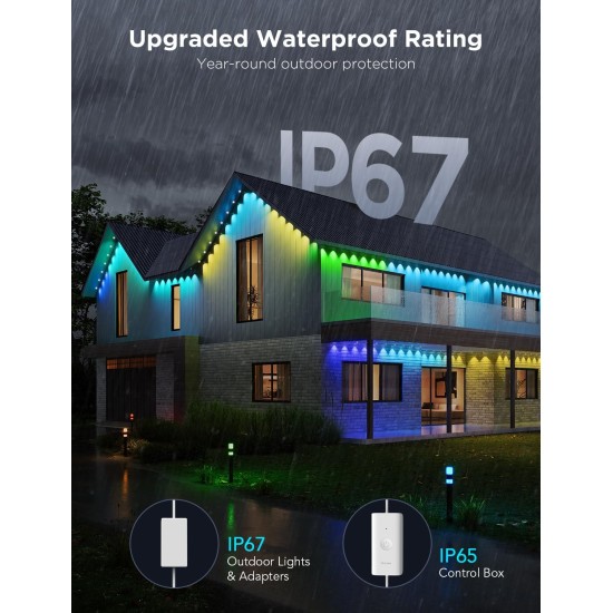 Govee Permanent Outdoor Lights Pro, 200 Fuß mit 120 RGBIC-LED-Leuchten für Tages- und Akzentbeleuchtung, 75 Szenenmodi für Außendekoration, IP67 wasserdicht, funktioniert mit Alexa, Google Assistant, Matter, Weiß
