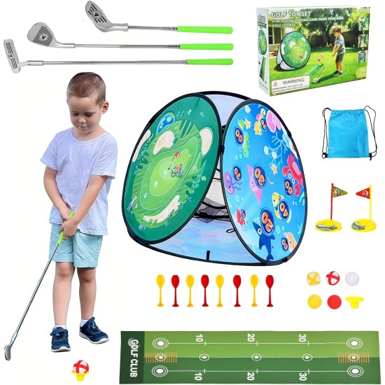 AOSITE Kleinkind-Golfset, 5-in-1-Klebe-Golfspielspielzeug für Kinder mit 3 Golfschlägern, Putting-Matte, 4-seitigem Chipping-Netz, Golfsport für Kinder, Indoor-Outdoor-Spielzeug, Kinder-Golfset, Aktivitätsparty, Geburtstagsgeschenk ab 3 Jahren
