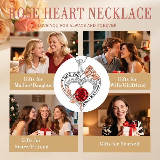 Rosen-Geburtsstein-Herz-Halsketten für Frauen, S925-Sterlingsilber, „I Love You“, Schmuck, Geschenk für Frauen, Geburtstag, Hochzeitstag, Muttertagsgeschenke für Mutter, Mutter, Ehefrau, Freundin mit Geburtsstein-Anhänger-Halskette