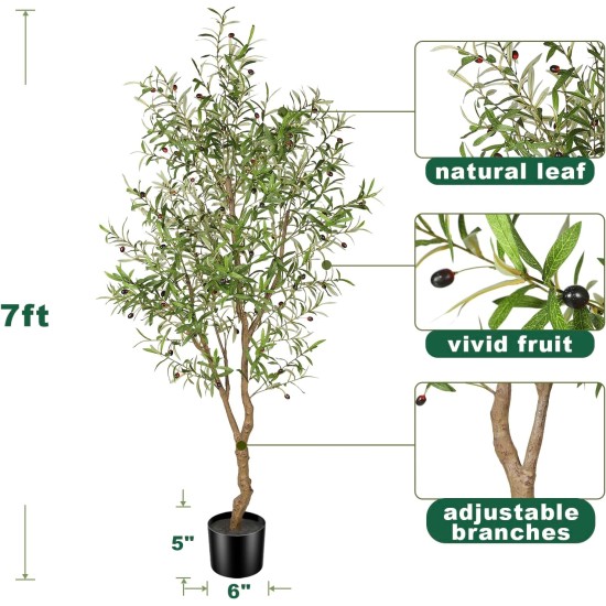 7 Fuß künstlicher Olivenbaum – gefälschter eingetopfter Olivenbaum aus Seide mit Pflanzgefäß, natürliche Olivenzweige und realistische Blätter, künstlicher Baum für Zuhause, Haus, Büro, Dekoration im Innenbereich
