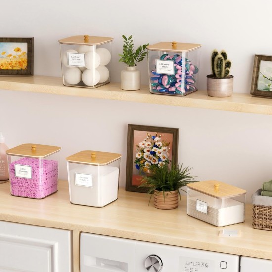 Aufbewahrungsbehälter für Wäschekapseln, übersichtliche Organisation und Lagerung im Waschraum, Behälter für Waschmittelpulver, mit Holzdeckeln und Etiketten, 3 + 1 Packung