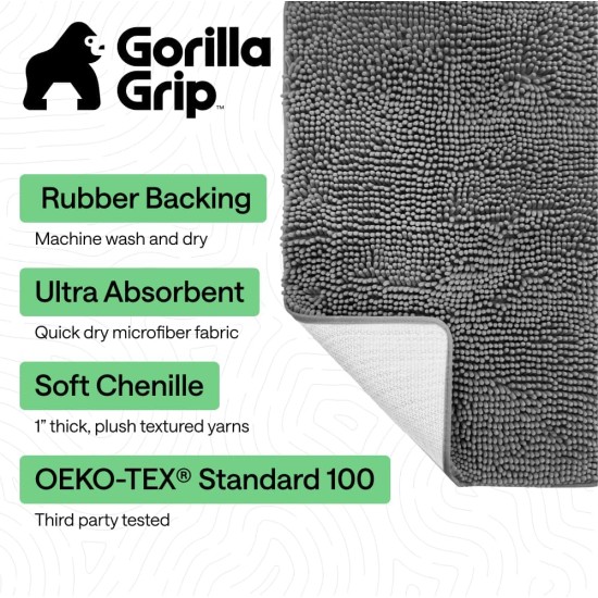 GORILLA GRIP Badvorleger, dickes, weiches, saugfähiges Chenille, schnell trocknende Mikrofasermatten, waschbare Duschbodenteppiche mit Gummirückseite, in den USA entworfene Badezimmer-Badematte, Heimdekorationszubehör, 24 x 17, Grau
