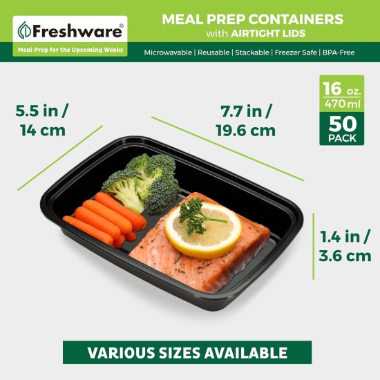 Freshware Meal-Prep-Behälter [50er-Pack] Frischhaltedosen mit 1 Fach und Deckel, Bento-Box, BPA-frei, stapelbar, mikrowellen-/spülmaschinen-/gefriergeeignet (16 oz)