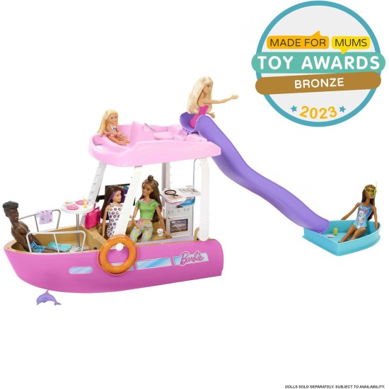 Barbie-Boot mit Pool und Rutsche, Traumboot-Spielset enthält mehr als 20 Teile wie einen Delfin und Zubehör Barbie-Boot mit Pool und Rutsche, Traumboot-Spielset enthält mehr als 20 Teile wie einen Delfin und Zubehör