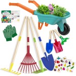 Kinder-Gartenset mit Schubkarre, Gartengeräte aus echtem Metall für Kinder im Alter von 3–8 Jahren, 4 Werkzeuge mit langem Griff, 3 Handwerkzeuge, Handschuhe, 5 Aufkleber, Handbuch, Outdoor-Hinterhofspielzeug als Geschenk für Kleinkinder