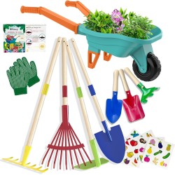 Kinder-Gartenset mit Schubkarre, Gartengeräte aus echtem Metall für Kinder im Alter von 3–8 Jahren, 4 Werkzeuge mit langem Griff, 3 Handwerkzeuge, Handschuhe, 5 Aufkleber, Handbuch, Outdoor-Hinterhofspielzeug als Geschenk für Kleinkinder