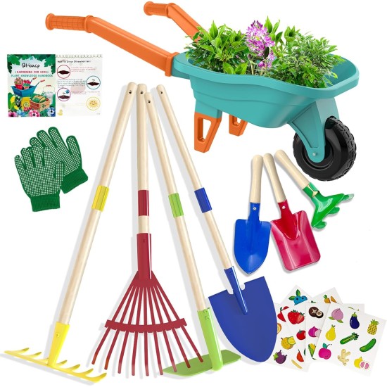 Kinder-Gartenset mit Schubkarre, Gartengeräte aus echtem Metall für Kinder im Alter von 3–8 Jahren, 4 Werkzeuge mit langem Griff, 3 Handwerkzeuge, Handschuhe, 5 Aufkleber, Handbuch, Outdoor-Hinterhofspielzeug als Geschenk für Kleinkinder