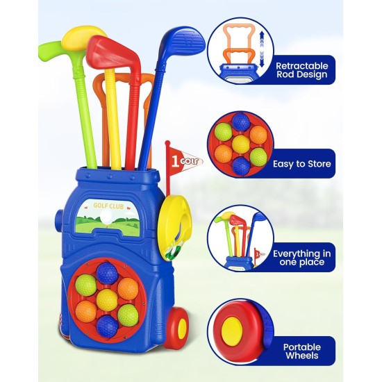 KINGTOP Kleinkind-Golfset mit Putting-Matte und Cornhole-Board, Kinder-Golfschläger von 3–5 Jahren mit 10 Bällen, 4 Schlägern, 2 Löchern und Wagen, Sportspielzeug für Kleinkinder im Innen- und Außenbereich