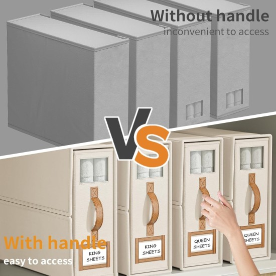 4er-Pack faltbare Bettwäsche-Sets, Organizer und Aufbewahrung (King- und Queen-Size-Größe), Schrank-Organizer aus Leinenstoff mit Fenster, faltbare Bettwäsche-Aufbewahrungsbox für Bettwäsche und Kissenwürfel-Organizer, Beige