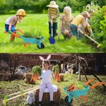 Kinder-Gartenset mit Schubkarre, Gartengeräte aus echtem Metall für Kinder im Alter von 3–8 Jahren, 4 Werkzeuge mit langem Griff, 3 Handwerkzeuge, Handschuhe, 5 Aufkleber, Handbuch, Outdoor-Hinterhofspielzeug als Geschenk für Kleinkinder