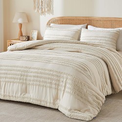 BEDELITE Boho-Bettdecken-Set, Queen-Size-Größe, beige getuftete Boho-Bettgarnitur, 3-teilig, weiche und leichte Bettdecke für alle Jahreszeiten, Jacquard-Bauernhaus-Bettwäsche-Set mit 2 Kissenbezügen