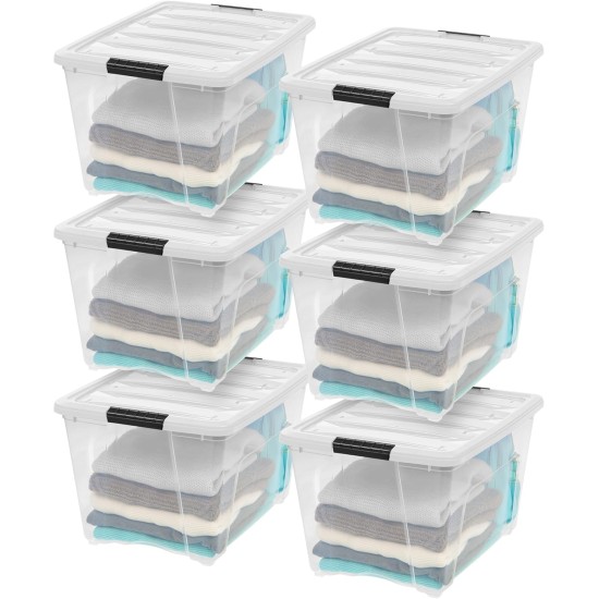 IRIS USA 6er-Pack 54 Quart stapelbare Aufbewahrungsbehälter mit Deckel [Hergestellt in den USA] – Alltagsorganisator mit Verriegelung, durchsichtiger Kunststoff, Organisationsbehälter, Schrank, Schlafzimmer, Regaleinheiten, Heimaufbewahrung – transparent/