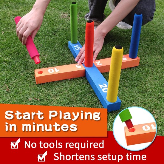 Ringwurfspiel für Kinder, Indoor- und Outdoor-Spiel für Familien und Erwachsene mit 5 Stangen, 2 Basen und 16 Ringen in 4 Farben, weiches Schaumstoffspielzeug für Kinder-Ringwurfspaß im Hinterhof