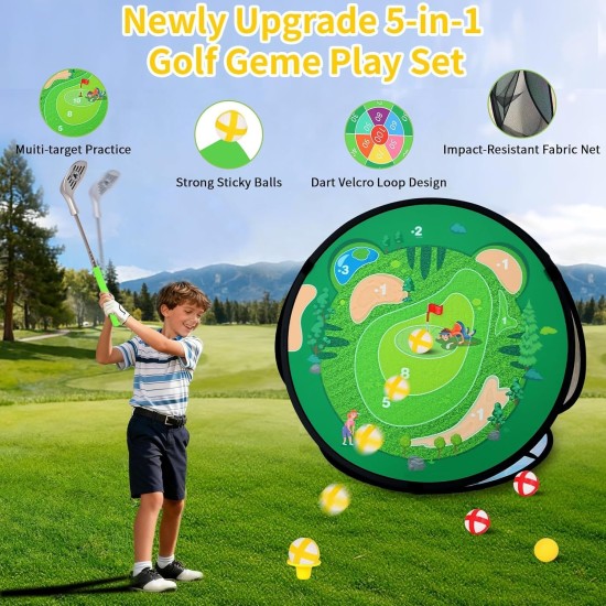 AOSITE Kleinkind-Golfset, 5-in-1-Klebe-Golfspielspielzeug für Kinder mit 3 Golfschlägern, Putting-Matte, 4-seitigem Chipping-Netz, Golfsport für Kinder, Indoor-Outdoor-Spielzeug, Kinder-Golfset, Aktivitätsparty, Geburtstagsgeschenk ab 3 Jahren