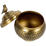 Runder Behälter aus gehämmertem Metall mit Vogel-Endstück, Messing-Finish