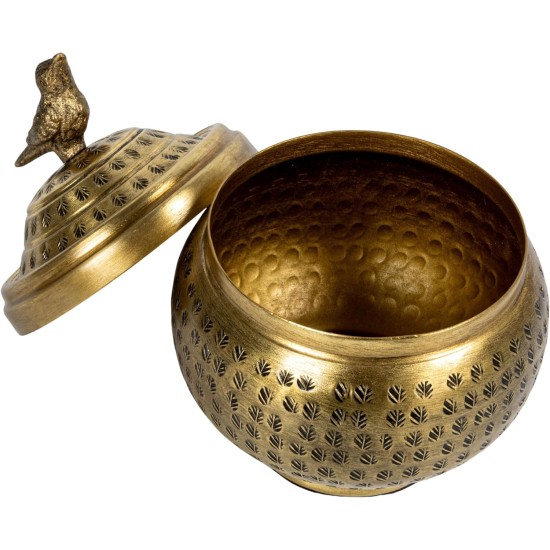 Runder Behälter aus gehämmertem Metall mit Vogel-Endstück, Messing-Finish